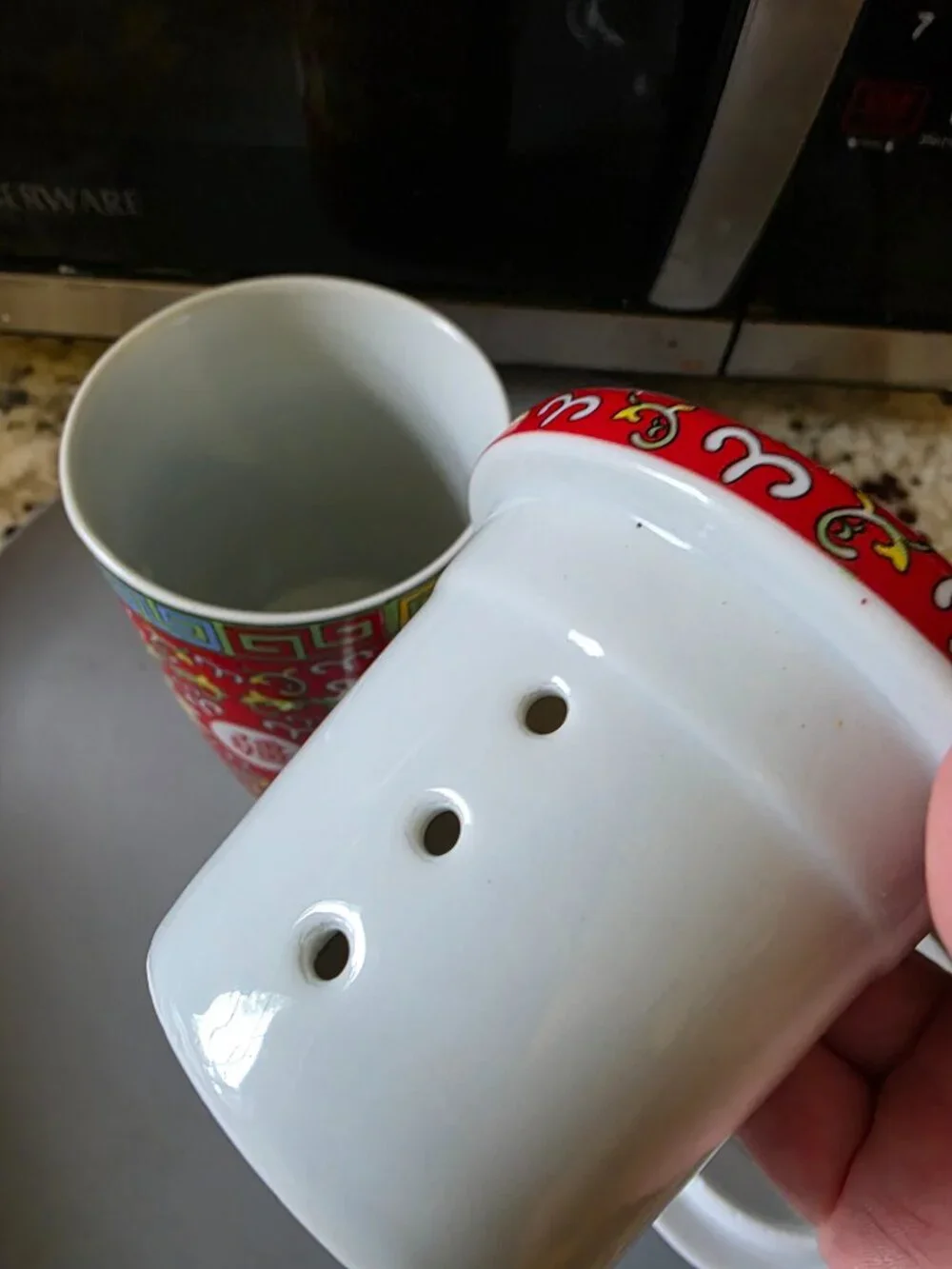 Chinese Porcelain Tea Infuser Mug w/ Lid Red Floral Asian Tea Brewing Cup